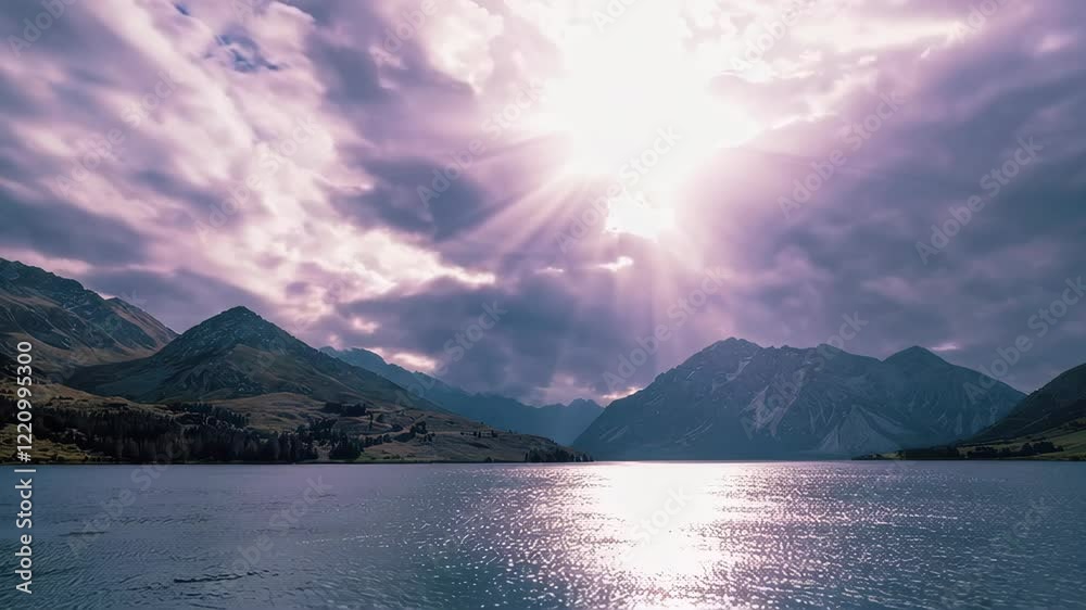 Mystic landscape lake scenery, Cloudy sky, sunbeams and mountain range Mystic landscape lake scenery, Cloudy sky, sunbeams and mountain range