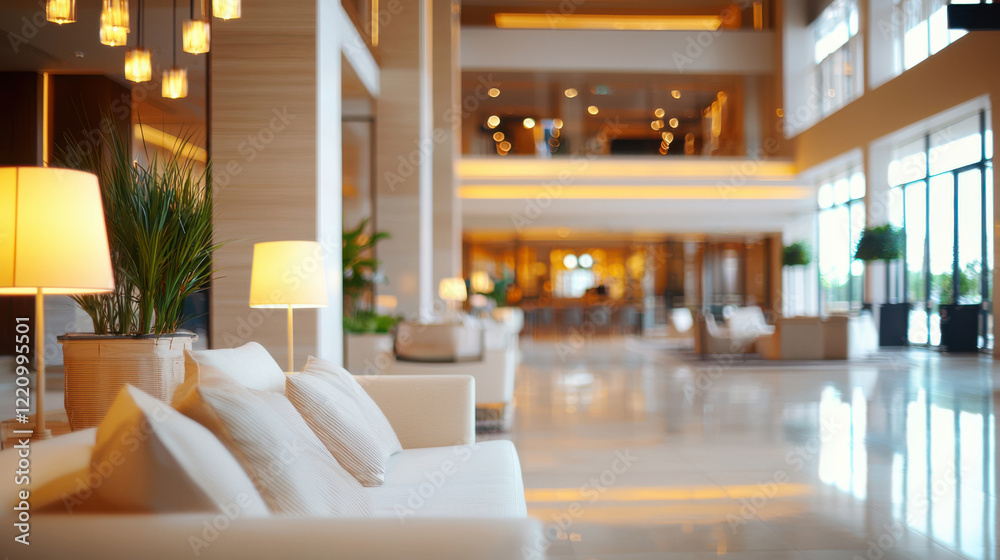 Obraz premium Elegant hotel lobby with modern furnishings and soft lighting, creating a welcoming atmosphere.
