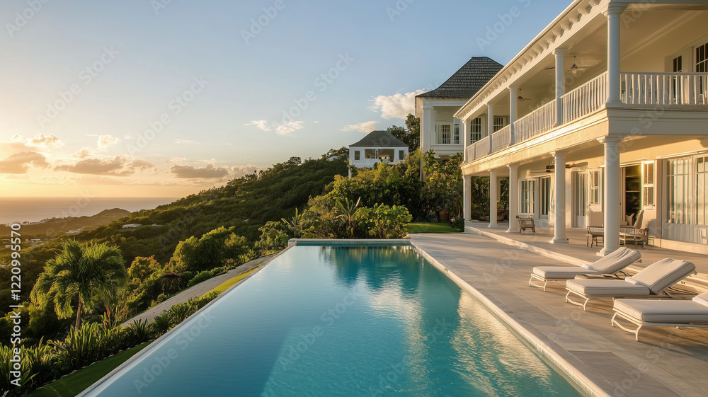 Fototapeta premium Luxury Hillside Villa with Infinity Pool and Stunning Ocean Sunset Views