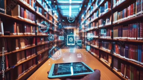 Futuristic Digital Library Setting with Floating Holographic Book Projections