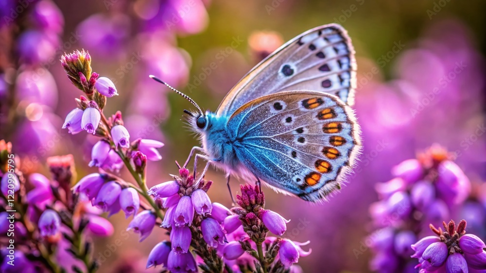 Obraz premium Silver-Studded Blue Butterfly on Heather Flowers: Close-up Macro Photography