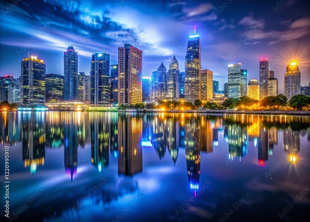 Fototapeta premium Night Cityscape: Stable Building Lights Reflecting on Still Water