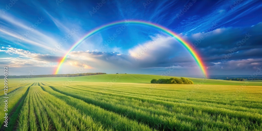 Serene landscape featuring a vibrant rainbow arcing over rolling green fields under a dramatic sky Serene landscape featuring a vibrant rainbow arcing over rolling green fields under a dramatic sky