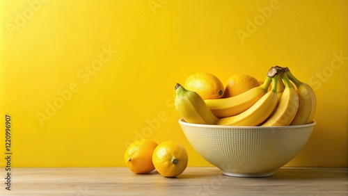 A bowl of vibrant yellow fruit such as bananas or lemons on a white table in front of a plain yellow background, colorful, food, table, fruit