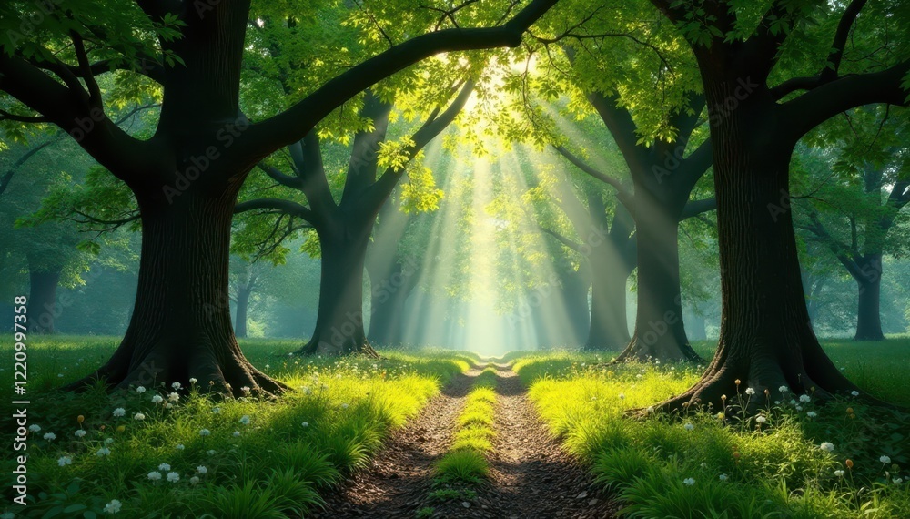 Obraz premium Ancient trees, dappled sunlight filtering through leaves, ecosystem, tree, lush