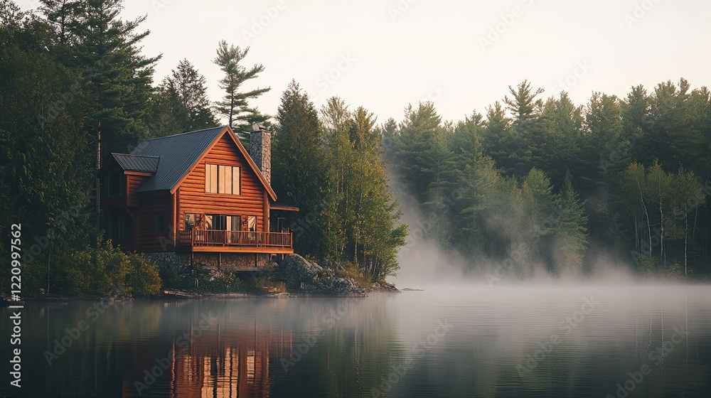 Obraz premium Wooden Cabin Lake House Amongst Misty Forest Trees