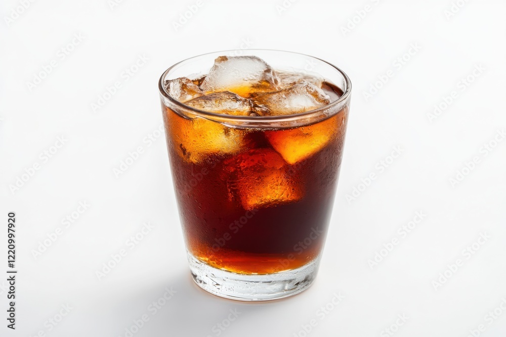 Refreshing black tea filled with ice cubes served in a clear glass on a minimalist white background Refreshing black tea filled with ice cubes served in a clear glass on a minimalist white background