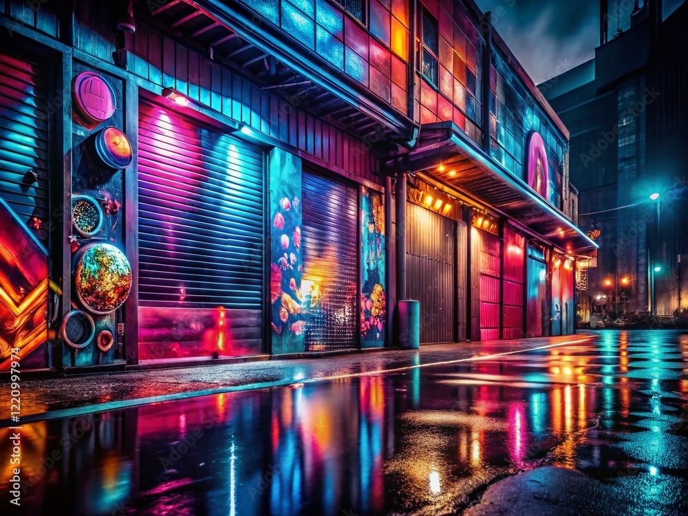 Fototapeta premium Night Photography: Stylish Metal Wall with Illuminated Letters