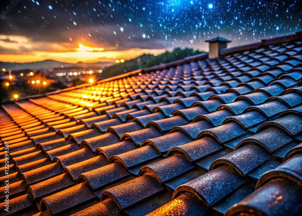 Fototapeta premium Night Roof Tiles, Starry Sky, City Lights, Architectural Detail, Urban Landscape Photography
