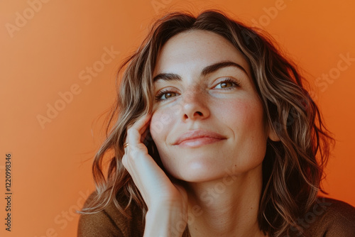 A woman around 35 years old, with a satisfied expression, on a white background orange. Her skin appears smooth and rejuvenated, showcasing the effects of HIFU treatment
