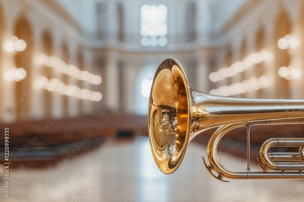 Obraz premium glowing brass sackbut in softly lit classical church interior