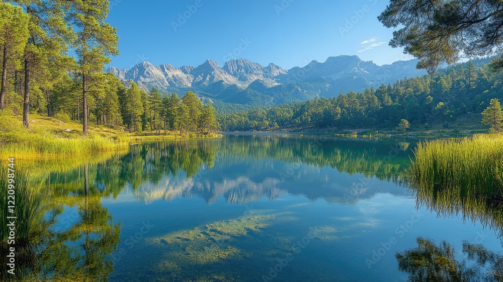 Panoramic view of a serene alpine landscape featuring a majestic mountain with a snow-capped peak, Panoramic view of a serene alpine landscape featuring a majestic mountain with a snow-capped peak,