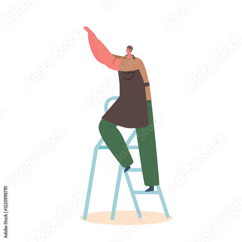 Man Character In Apron Standing On Ladder, Working Diligently. He Is Focused And Appears To Be Doing A Skilled Job