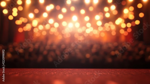 Blurred audience watching stage under dramatic warm stage lighting with atmospheric ambiance. Copy space