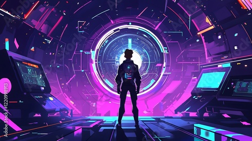 Futuristic CNC operator workspace with high-tech virtual interface in a smart manufacturing environment