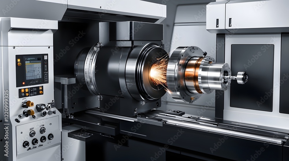 Fototapeta premium Automated CNC Machine Showcasing Modern Industrial Technology and Detailed Metalwork Textures