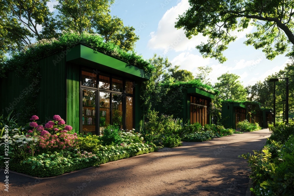 A serene pathway leads to modern green buildings surrounded by lush vegetation and colorful flowers, providing a peaceful and eco-friendly retreat. A serene pathway leads to modern green buildings surrounded by lush vegetation and colorful flowers, providing a peaceful and eco-friendly retreat.
