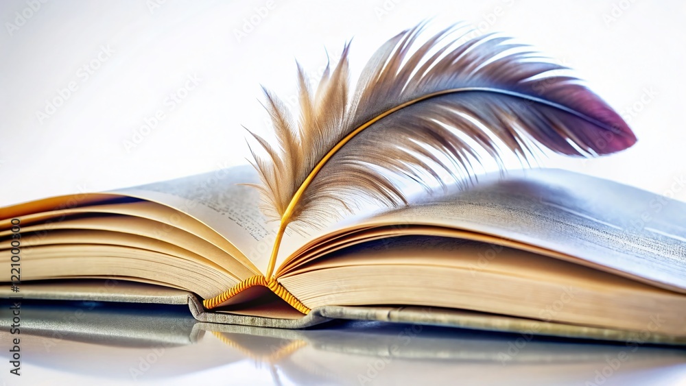 Fototapeta premium Open Book with Single Feather, Isolated on White Background - Knowledge, Wisdom, Reading Concept
