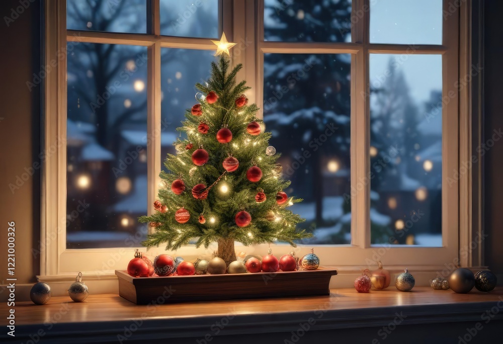 A Christmas tree decorated with ornaments and lights on a windowsill, holiday decor, christmas tree, twinkling lights A Christmas tree decorated with ornaments and lights on a windowsill, holiday decor, christmas tree, twinkling lights