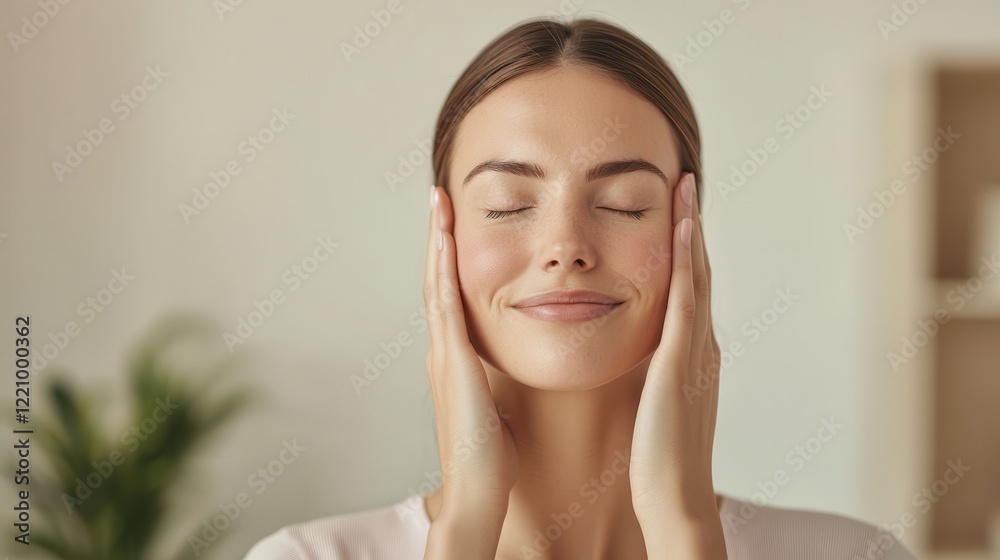 Naklejka premium Organic haircare for styling. Woman with closed eyes smiling while gently touching her face.