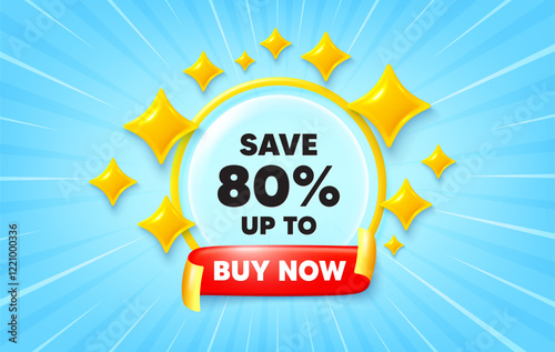 Discount sunburst ray banner. Buy now flag ribbon. Save up to 80 percent tag. Discount Sale offer price sign. Special offer symbol. 3d stars glitter. Red ribbon tag. Discount offer. Vector