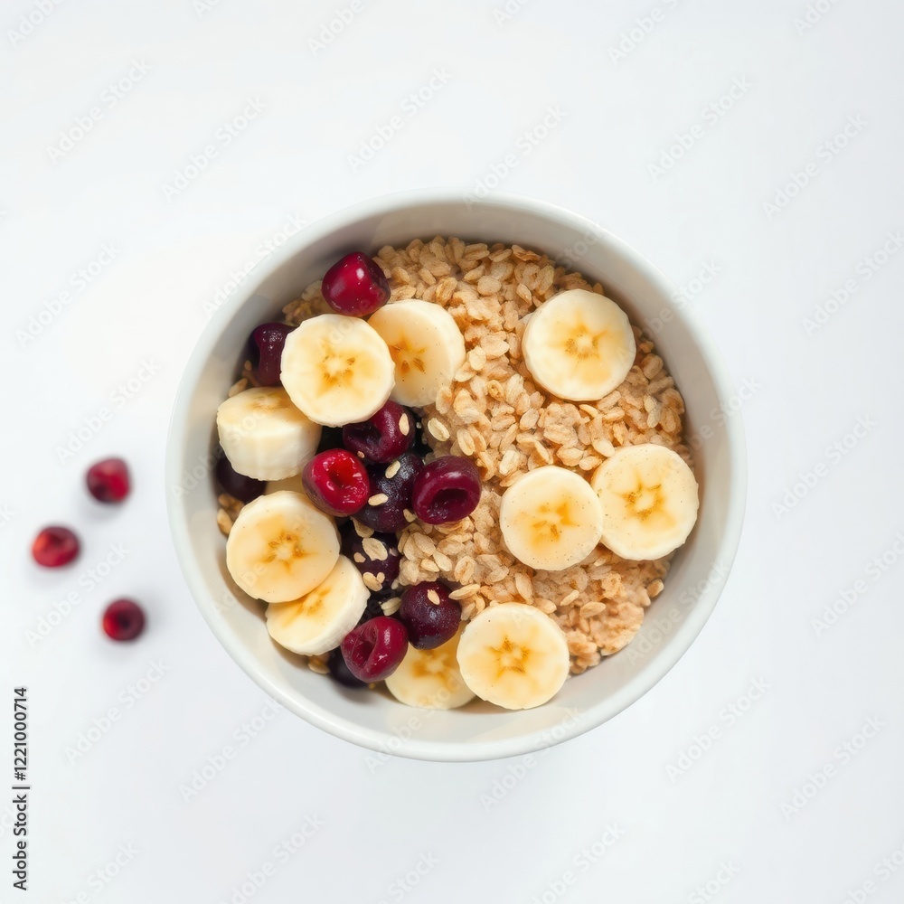 Healthy breakfast bowl with oatmeal, banana slices, and cherries. Perfect start to your day! Healthy breakfast bowl with oatmeal, banana slices, and cherries. Perfect start to your day!