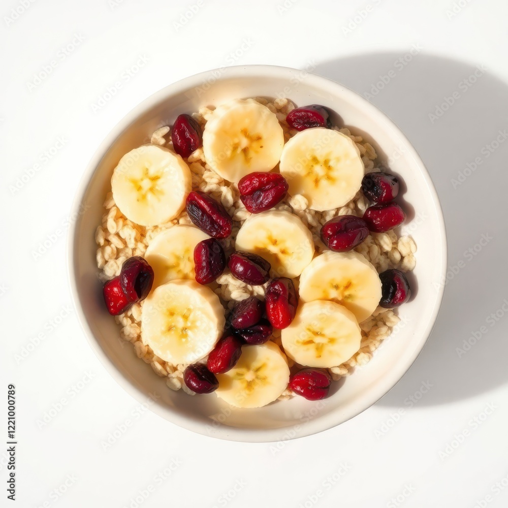 Healthy breakfast bowl with oatmeal, banana slices, and dried cranberries. A delicious and nutritious start to your day! Healthy breakfast bowl with oatmeal, banana slices, and dried cranberries. A delicious and nutritious start to your day!