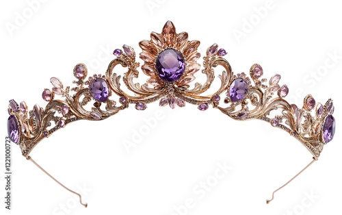 A Delicate Tiara with Purple Gemstones and Floral Accents Exuding Royal Elegance and Charm isolated on transparent background. Isolated on transparent background. photo