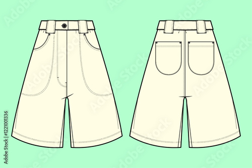 Women denim shorts front and back outline, flat sketch drawing, CAD, and template. 