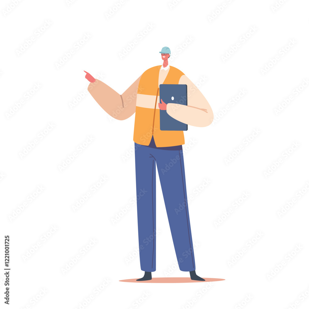 Factory Engineer Male Character Using Tablet To Monitor Production Process, Analyze Data, Optimize Operations Factory Engineer Male Character Using Tablet To Monitor Production Process, Analyze Data, Optimize Operations