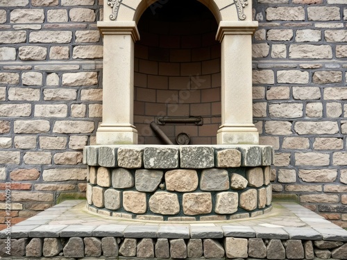 A close-up photo of intricate, weathered stone bricks forming a well texture, background, rough photo