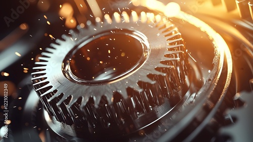 Precision Milling Machine Working on Heavy-Duty Metallic Gear with Coolant Sprays and Detailed Textures