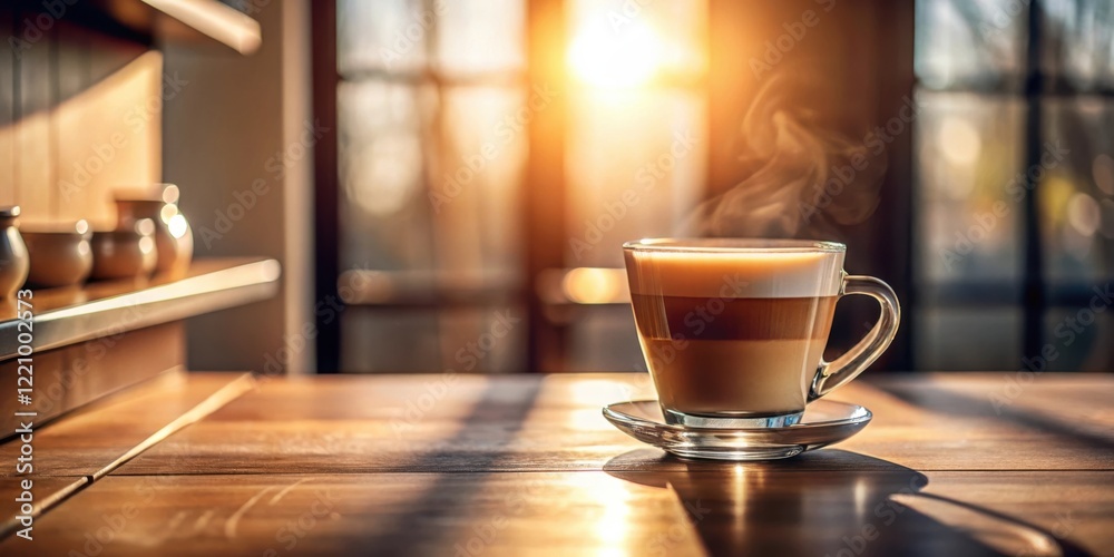Warm Morning Light Illuminates a Steaming Cup of Layered Coffee on a Wooden Table Warm Morning Light Illuminates a Steaming Cup of Layered Coffee on a Wooden Table