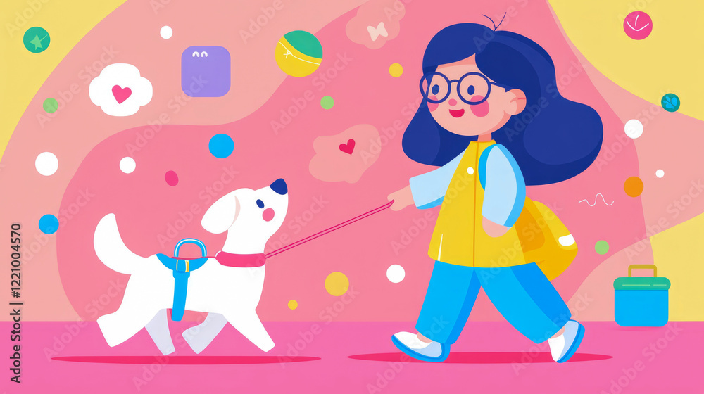 Girl Walking Dog: A Joyful Illustration of a Child and her Pet in a Colorful Setting