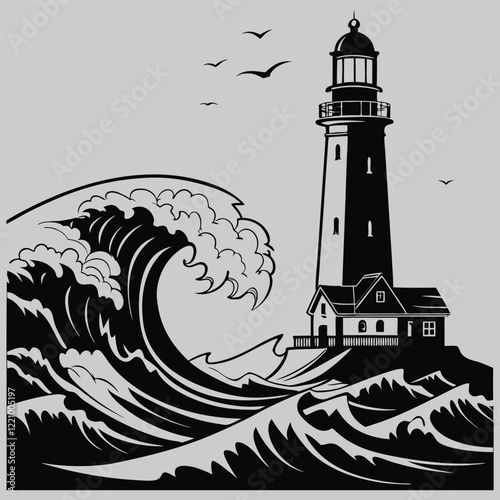 a lighthouse with waves crashing silhouette vector design art and illustration