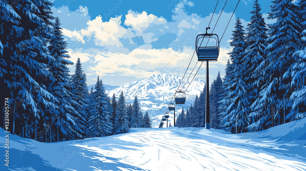 Obraz premium Beautiful ski resort in snowy mountains, ski lift, minimalist flat illustration, vector art poster, ski poster, Ultra-high resolution
