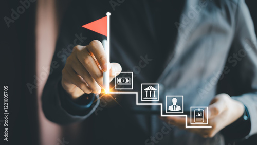 Fotografi Businessman touching success in ending with red flag, business growth strategy, steps, vision, financial progress, success goal, planning, path, employee cooperation
