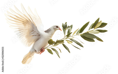 A Dove in Flight Holding an Olive Branch Reflecting Hope and Reconciliation isolated on transparent background. Isolated on transparent background.