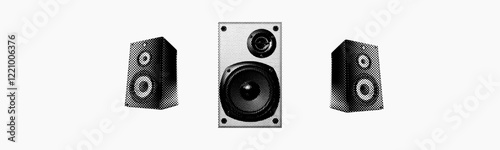 audio speaker isolated in retro halftone dotted texture music sound collage cut-out element for mixed media design vintage crazy grunge punk pop art style in white background