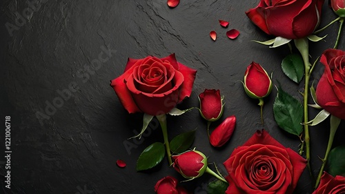 Free Photo Red roses and petals on a white marble background with copy space 