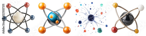 atom and quantum clipart concept. Abstract representation of atomic structures with colorful orbs and connecting lines. on Transparent background.