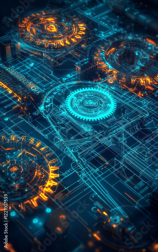 Wallpaper Mural Cybernetic Circuitry: A close-up, abstract view of a sophisticated circuit board with illuminated gears and intricate wiring, glowing with a futuristic neon light. Torontodigital.ca