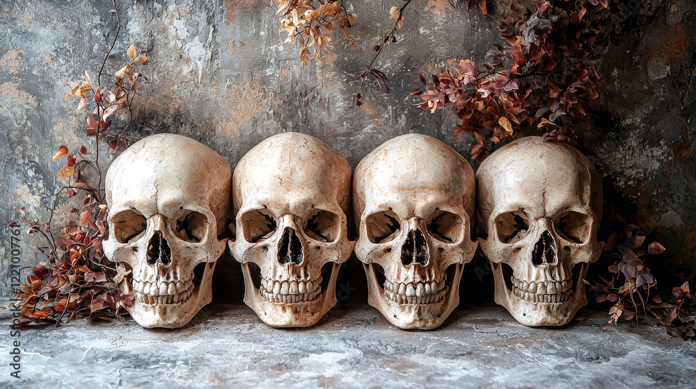 Four Skulls Still Life: A Memento Mori in Rustic Autumnal Setting Four Skulls Still Life: A Memento Mori in Rustic Autumnal Setting