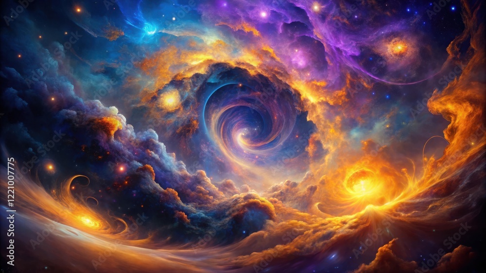 Obraz premium A Celestial Tapestry of swirling nebulae, cosmic dust, and vibrant colors depicting a breathtaking, otherworldly landscape of fiery and ethereal formations within the vast expanse of space.