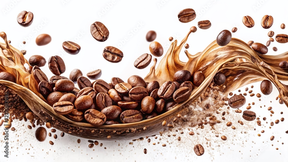 Obraz premium Splashing Coffee with Coffee Beans - Isolated White Background Stock Photo