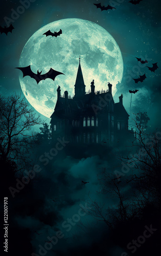 Haunted Manor Under the Moon: A captivating and mysterious night scene. A gothic manor silhouetted against a huge full moon, with bats adds to the atmosphere of the artwork. 