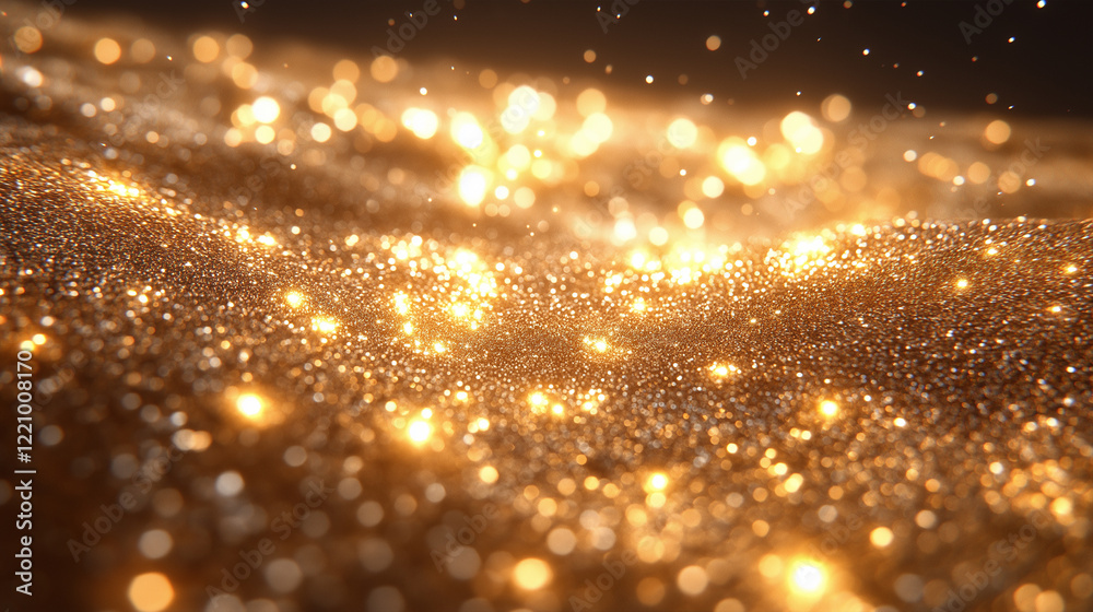 Fototapeta premium Sparkling golden glitter texture glowing with soft radiant light.