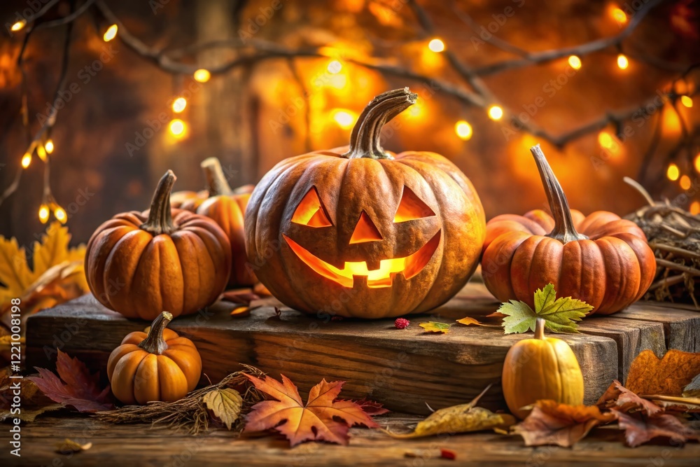 Fototapeta premium Spooky Autumn Pumpkin Display with Carved Sign - Macro Photography