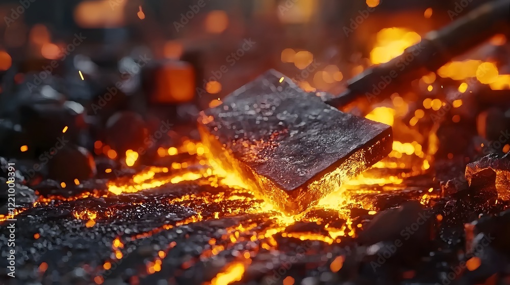 Fototapeta premium Molten Steel Forging with Power Hammer in Traditional Forge Environment