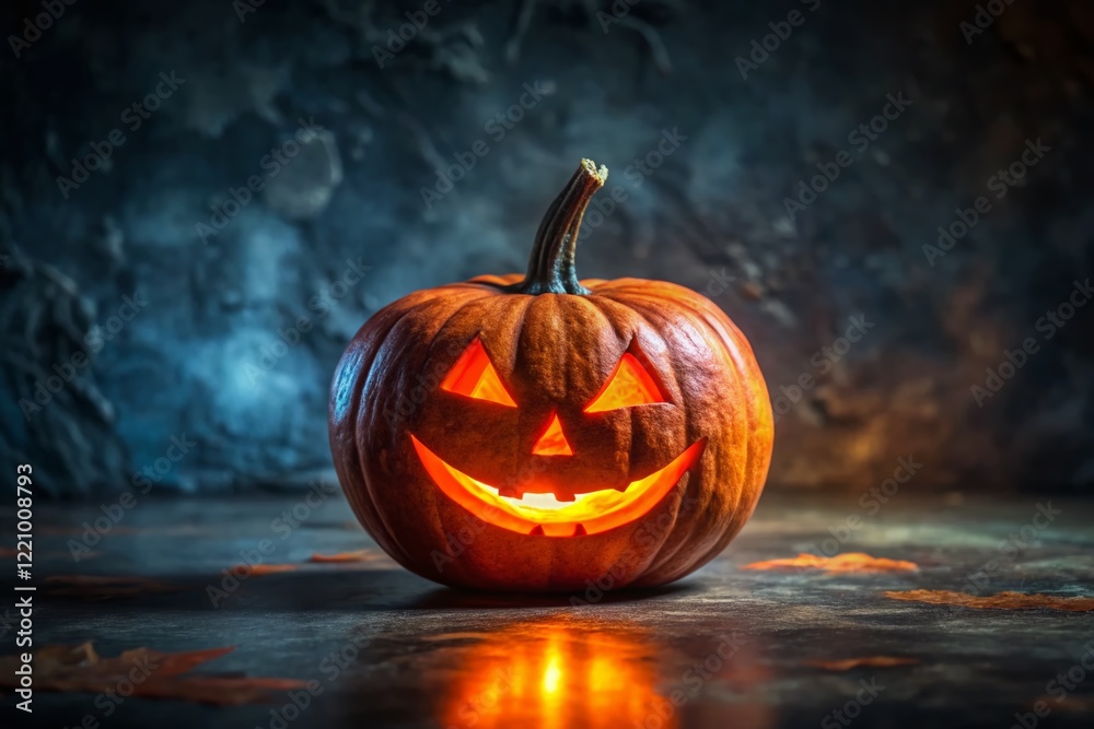 Spooky Halloween Pumpkin in Low Light, Dark Background Stock Photo Spooky Halloween Pumpkin in Low Light, Dark Background Stock Photo